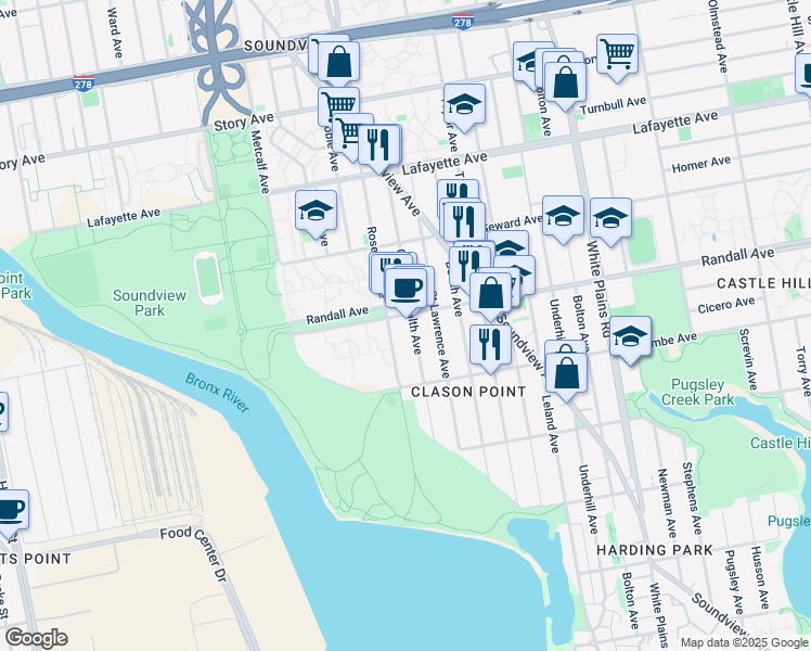 map of restaurants, bars, coffee shops, grocery stores, and more near 1764 Randall Avenue in Bronx