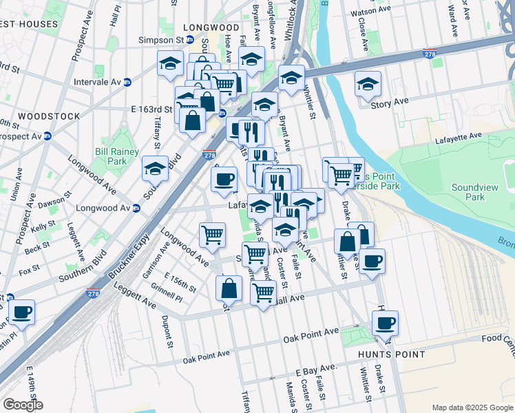 map of restaurants, bars, coffee shops, grocery stores, and more near 1264 Lafayette Avenue in Bronx