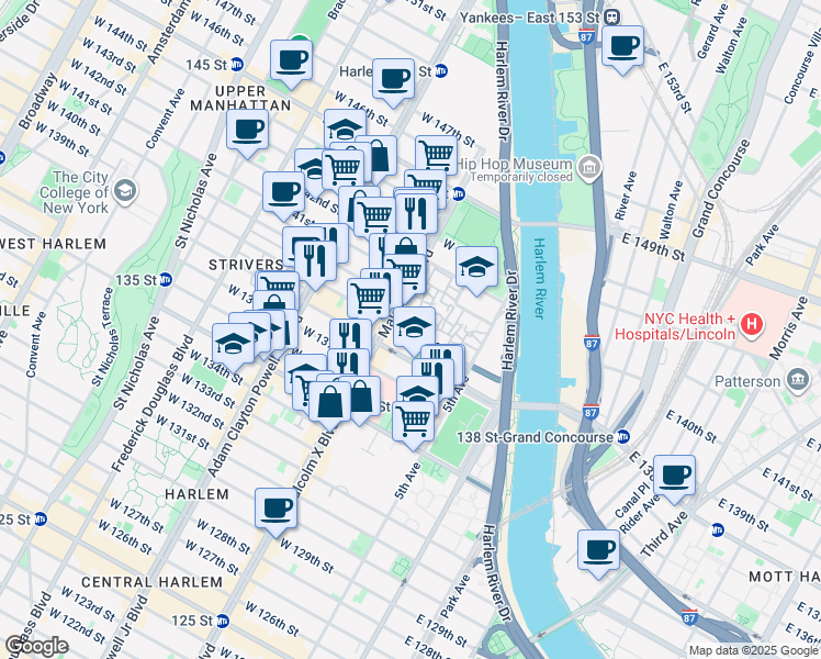 map of restaurants, bars, coffee shops, grocery stores, and more near 580 Esplanade Gardens Plaza in New York