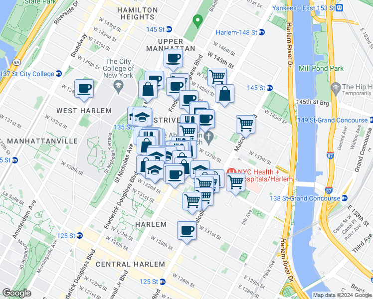 map of restaurants, bars, coffee shops, grocery stores, and more near 215 West 136th Street in New York