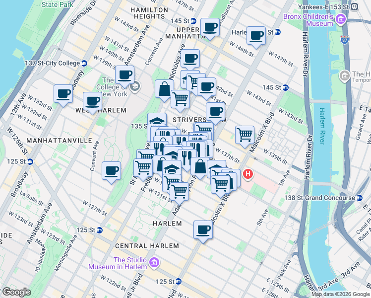 map of restaurants, bars, coffee shops, grocery stores, and more near 241 West 135th Street in New York