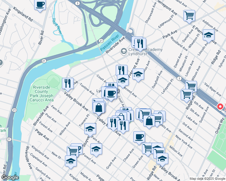map of restaurants, bars, coffee shops, grocery stores, and more near 262 Court Avenue in Lyndhurst
