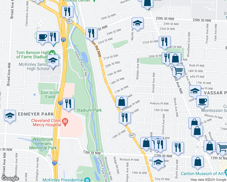 map of restaurants, bars, coffee shops, grocery stores, and more near 1714 Fulton Road Northwest in Canton