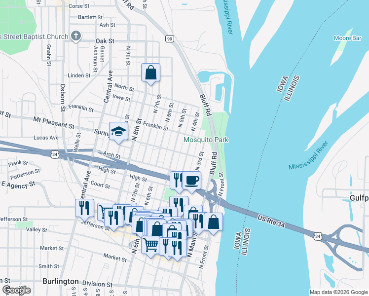 map of restaurants, bars, coffee shops, grocery stores, and more near 906 North 5th Street in Burlington