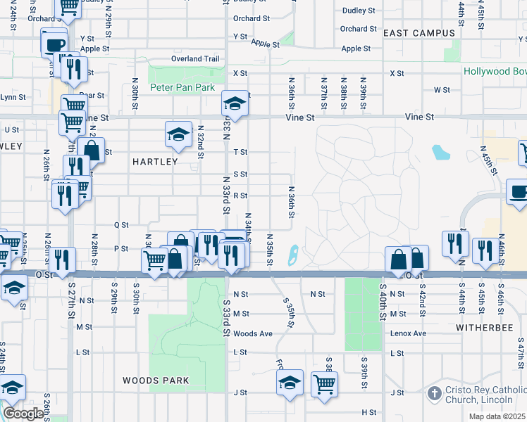 map of restaurants, bars, coffee shops, grocery stores, and more near 351 North 35th Street in Lincoln