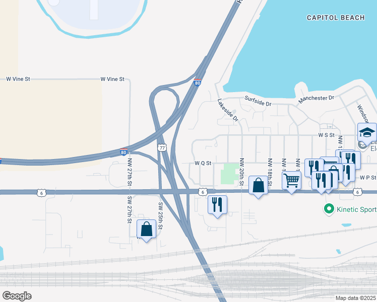 map of restaurants, bars, coffee shops, grocery stores, and more near 2235 West Q Street in Lincoln