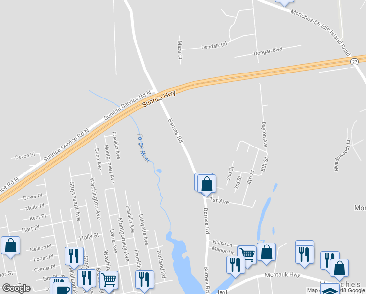 map of restaurants, bars, coffee shops, grocery stores, and more near 140 Barnes Road in Moriches