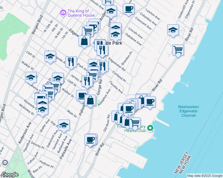 map of restaurants, bars, coffee shops, grocery stores, and more near 390 Adolphus Avenue in Cliffside Park