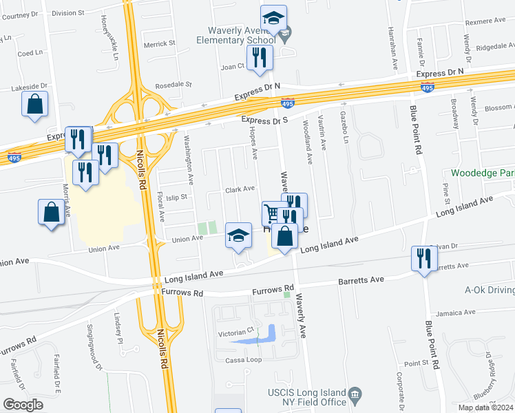 map of restaurants, bars, coffee shops, grocery stores, and more near 8 Hopes Avenue in Holtsville