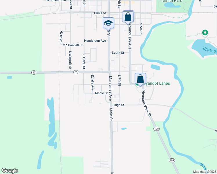 map of restaurants, bars, coffee shops, grocery stores, and more near 802 Marseilles Avenue in Upper Sandusky