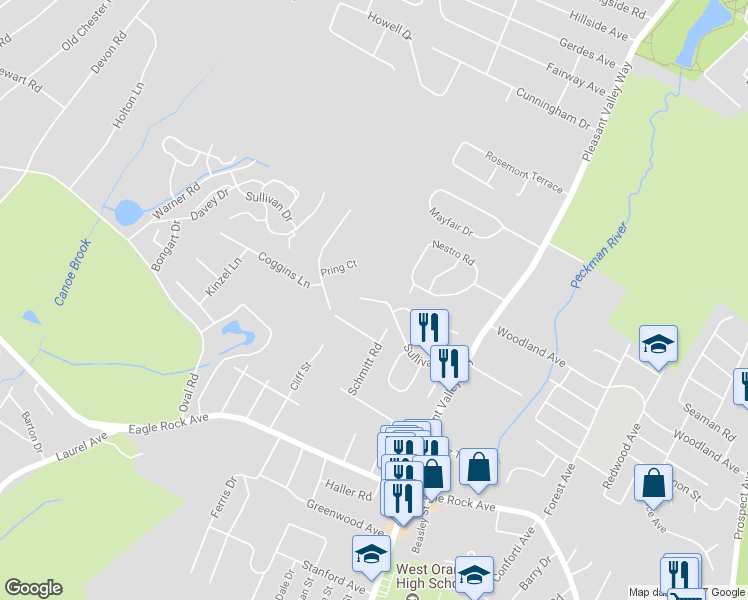 map of restaurants, bars, coffee shops, grocery stores, and more near 90 Sullivan Drive in West Orange