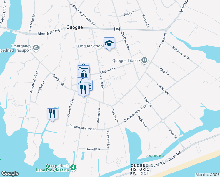 map of restaurants, bars, coffee shops, grocery stores, and more near 1 Cooper Lane in Quogue