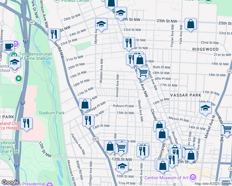 map of restaurants, bars, coffee shops, grocery stores, and more near 1609 Arnold Ave NW in Canton