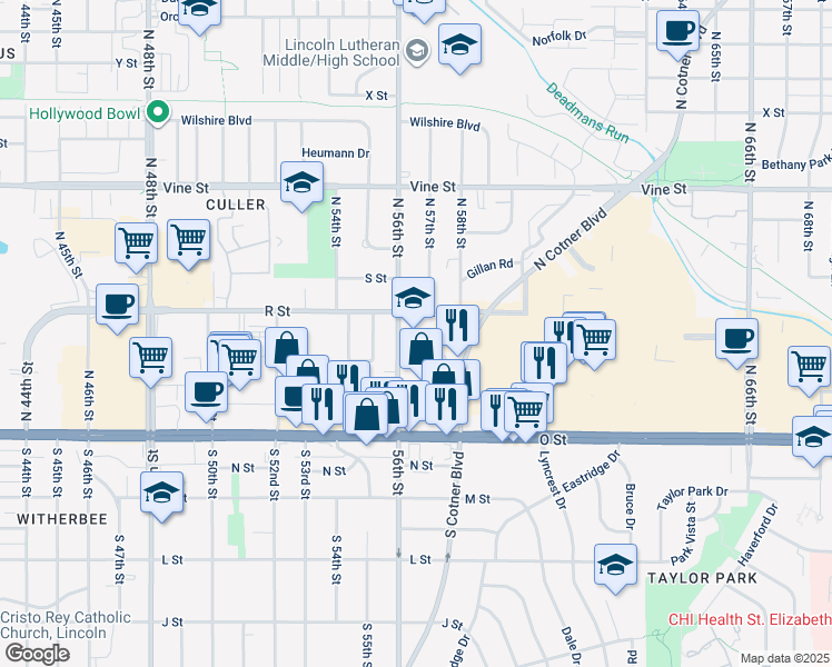 map of restaurants, bars, coffee shops, grocery stores, and more near 340 North 56th Street in Lincoln