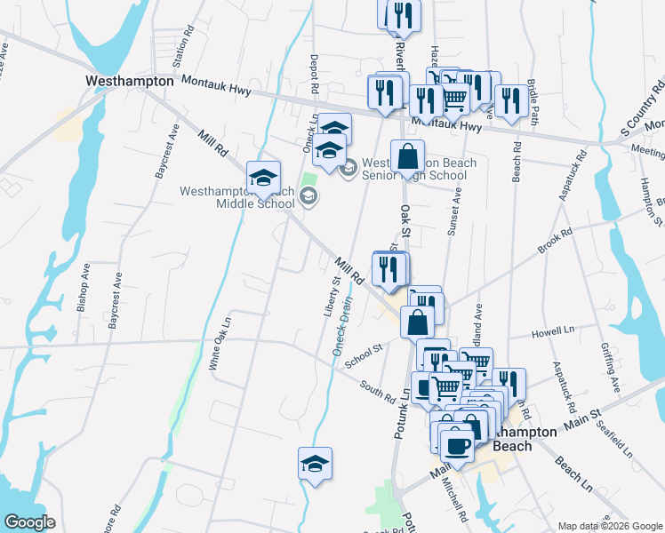 map of restaurants, bars, coffee shops, grocery stores, and more near 2 Lilac Road in Westhampton Beach