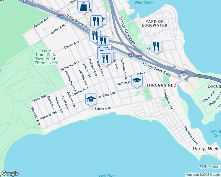 map of restaurants, bars, coffee shops, grocery stores, and more near 222 Revere Avenue in Bronx