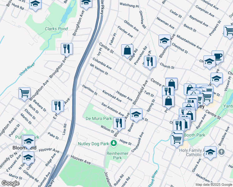map of restaurants, bars, coffee shops, grocery stores, and more near 59 Hopper Avenue in Nutley