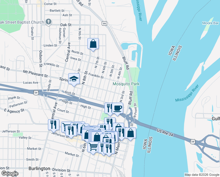 map of restaurants, bars, coffee shops, grocery stores, and more near 906 North 5th Street in Burlington