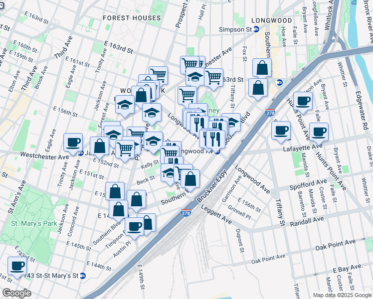 map of restaurants, bars, coffee shops, grocery stores, and more near 757 Beck Street in The Bronx