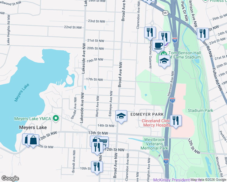 map of restaurants, bars, coffee shops, grocery stores, and more near 1620 Edmeyer Avenue Northwest in Canton