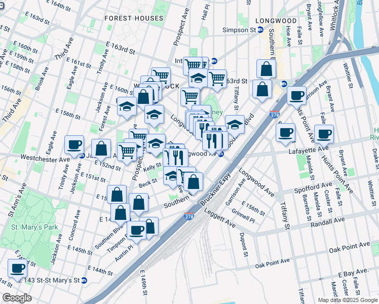 map of restaurants, bars, coffee shops, grocery stores, and more near 757 Beck Street in Bronx