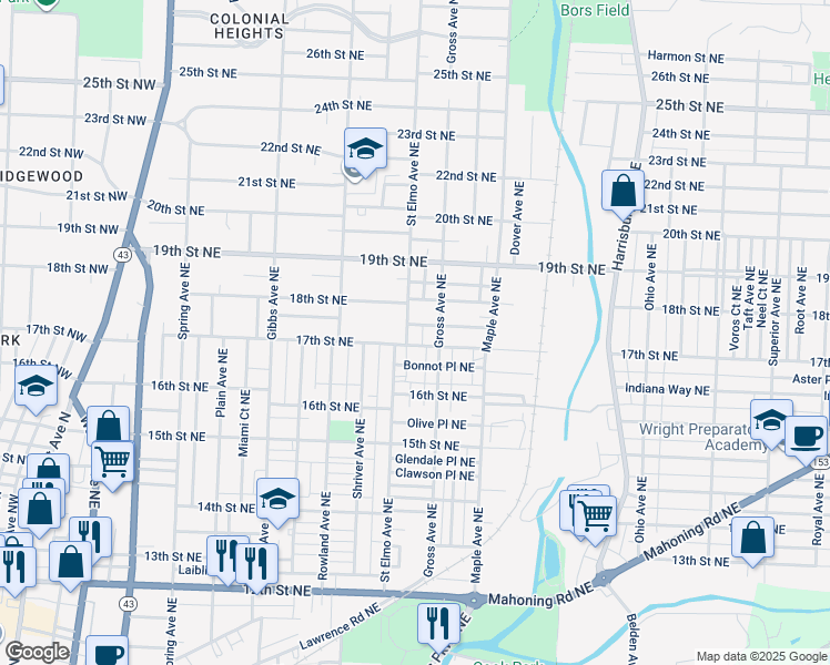 map of restaurants, bars, coffee shops, grocery stores, and more near 1710 Saint Elmo Avenue Northeast in Canton