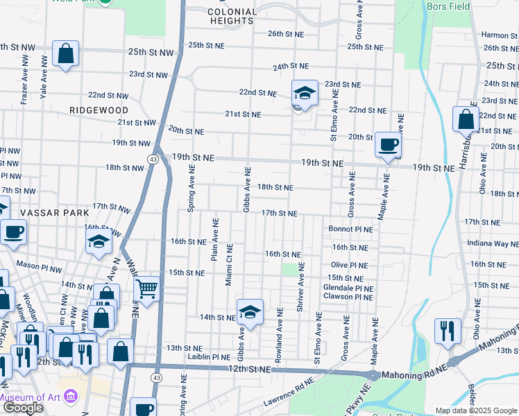 map of restaurants, bars, coffee shops, grocery stores, and more near 1125 17th Street Northeast in Canton