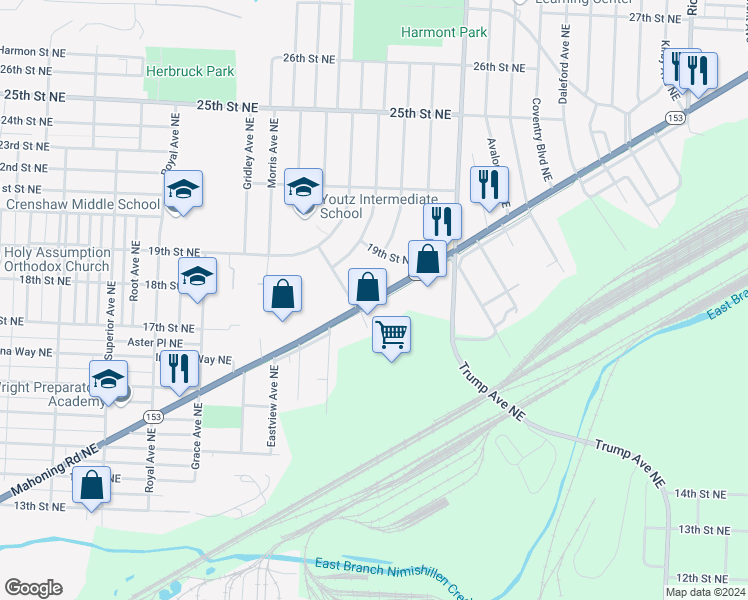 map of restaurants, bars, coffee shops, grocery stores, and more near 2962 Mahoning Road Northeast in Canton
