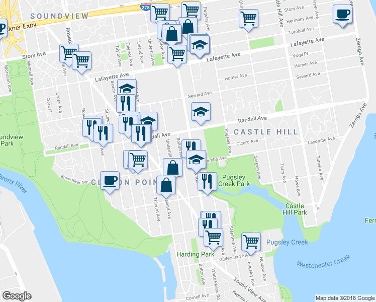 map of restaurants, bars, coffee shops, grocery stores, and more near 531 White Plains Road in Bronx