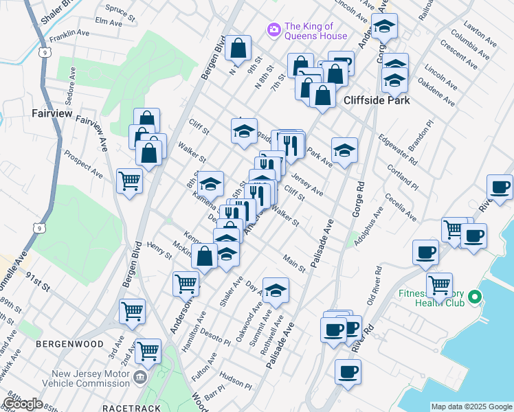 map of restaurants, bars, coffee shops, grocery stores, and more near 239 Anderson Avenue in Fairview