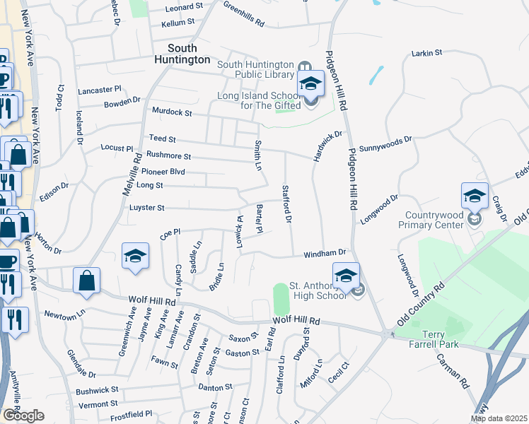 map of restaurants, bars, coffee shops, grocery stores, and more near 3 Bartel Place in Huntington Station