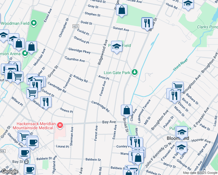map of restaurants, bars, coffee shops, grocery stores, and more near 77 Stonehouse Road in Glen Ridge
