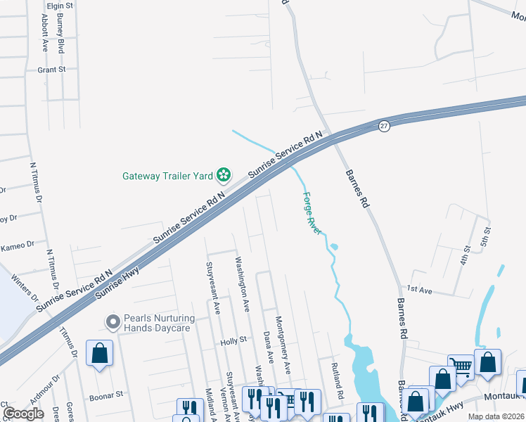 map of restaurants, bars, coffee shops, grocery stores, and more near 129 Montgomery Avenue in Mastic