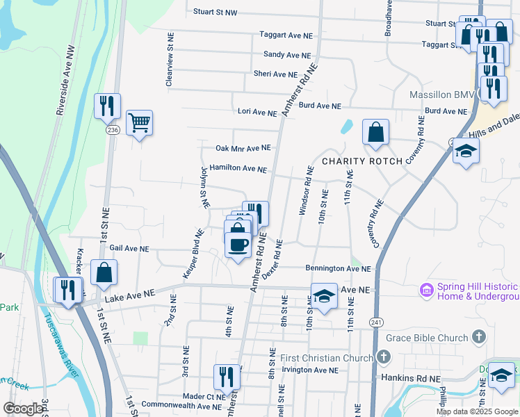 map of restaurants, bars, coffee shops, grocery stores, and more near 553 Amvale Avenue Northeast in Massillon