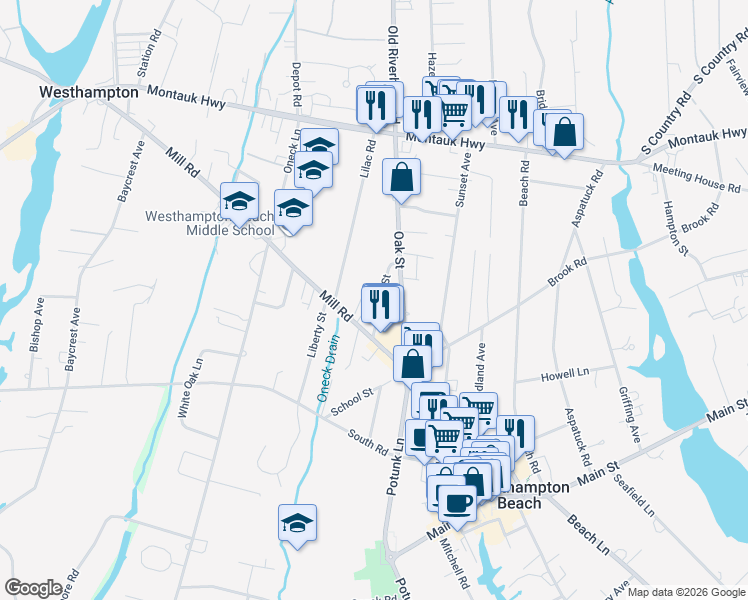 map of restaurants, bars, coffee shops, grocery stores, and more near 15 Maple Street in Westhampton Beach