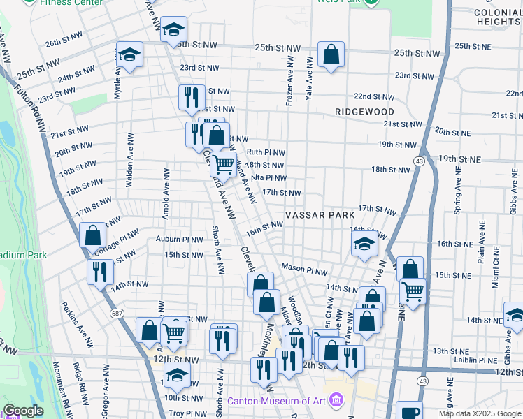 map of restaurants, bars, coffee shops, grocery stores, and more near 1622 Woodland Avenue Northwest in Canton