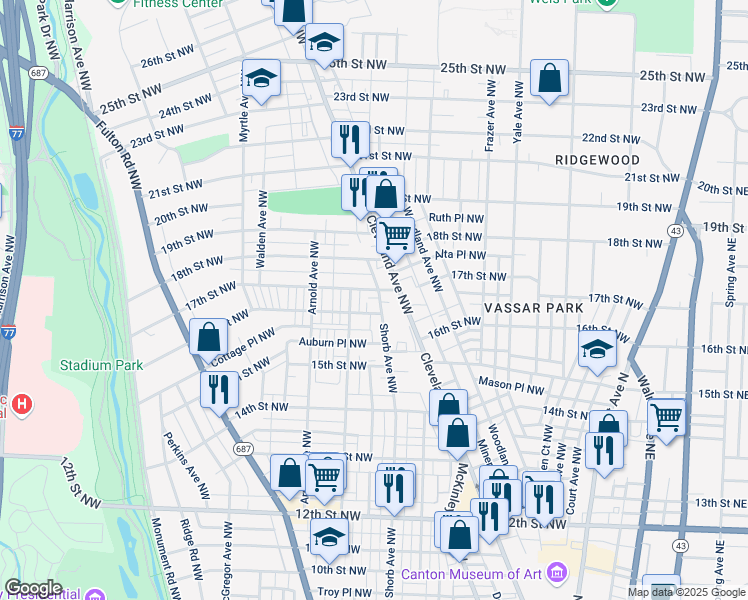 map of restaurants, bars, coffee shops, grocery stores, and more near 1615 Shorb Avenue Northwest in Canton