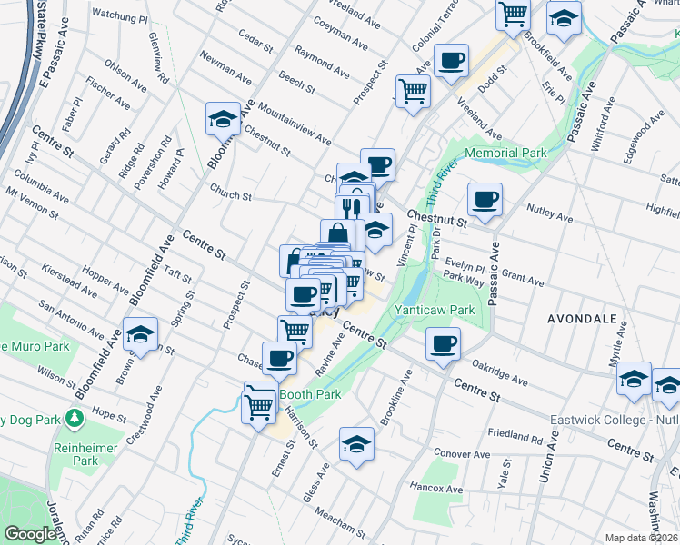 map of restaurants, bars, coffee shops, grocery stores, and more near 251 Franklin Avenue in Nutley