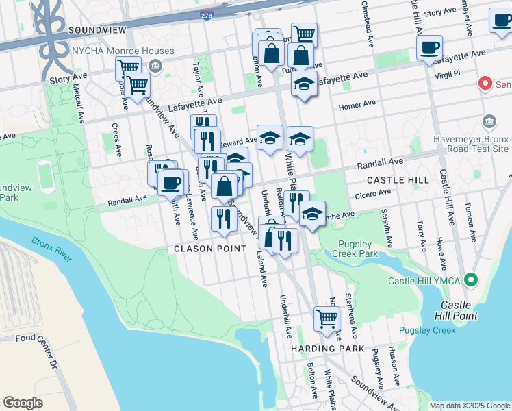 map of restaurants, bars, coffee shops, grocery stores, and more near 540 Leland Avenue in The Bronx
