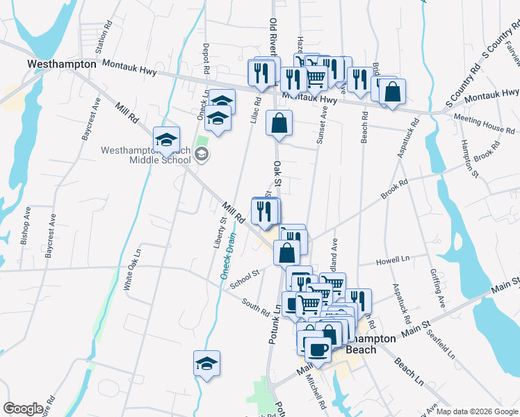 map of restaurants, bars, coffee shops, grocery stores, and more near 15 Maple Street in Westhampton Beach