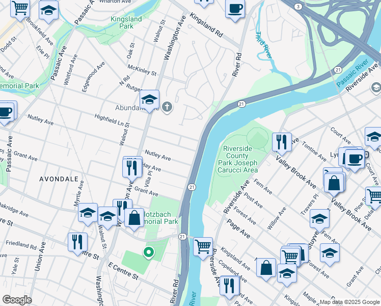 map of restaurants, bars, coffee shops, grocery stores, and more near 11 Highfield Lane in Nutley