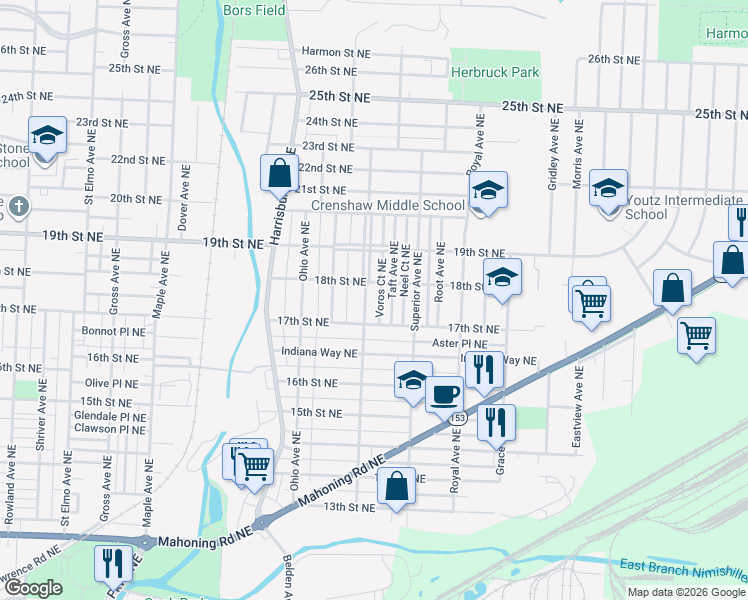 map of restaurants, bars, coffee shops, grocery stores, and more near 1724 Edwards Avenue Northeast in Canton
