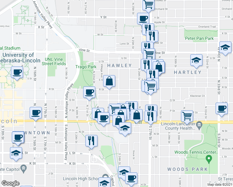 map of restaurants, bars, coffee shops, grocery stores, and more near 333 N 24th St in Lincoln