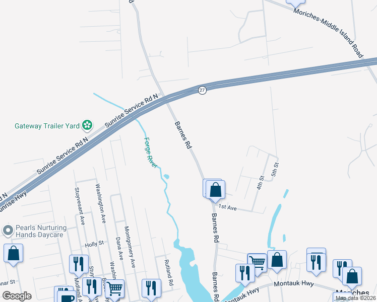 map of restaurants, bars, coffee shops, grocery stores, and more near 140 Barnes Road in Moriches