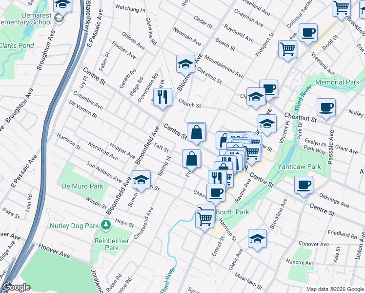 map of restaurants, bars, coffee shops, grocery stores, and more near 84 Race St in Nutley