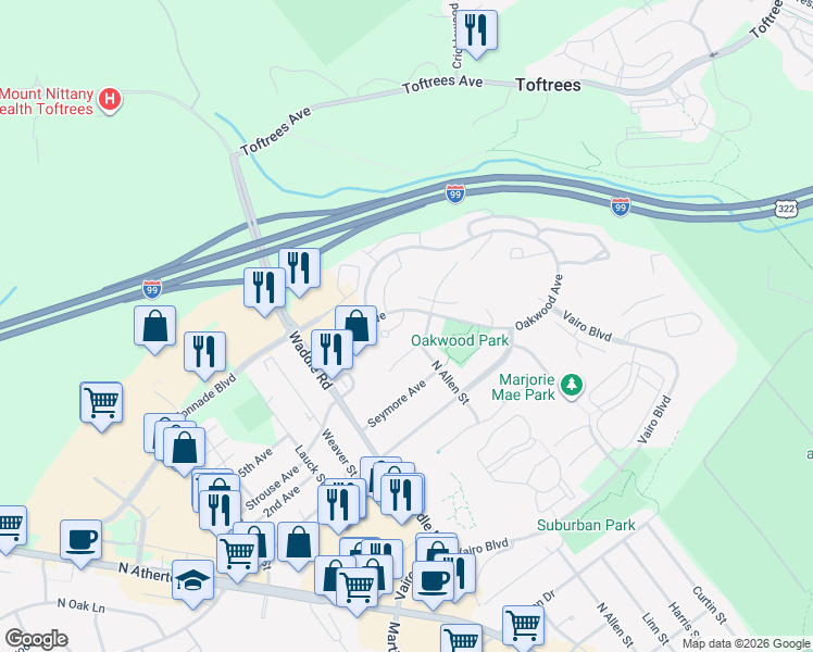 map of restaurants, bars, coffee shops, grocery stores, and more near 111 Westminster Court in State College
