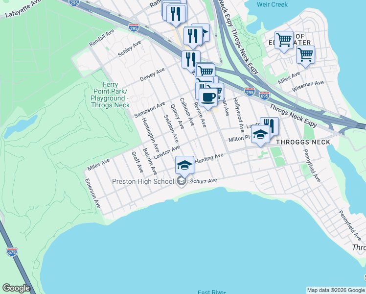 map of restaurants, bars, coffee shops, grocery stores, and more near 260 Swinton Avenue in Bronx