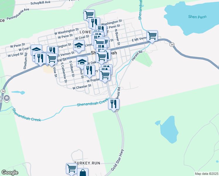 map of restaurants, bars, coffee shops, grocery stores, and more near 407 South Main Street in Shenandoah