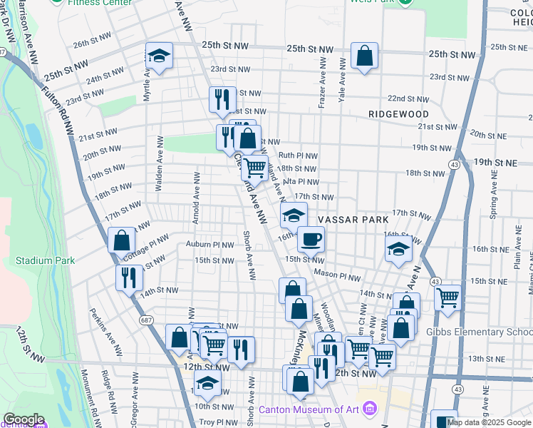 map of restaurants, bars, coffee shops, grocery stores, and more near 1648 Cleveland Avenue Northwest in Canton