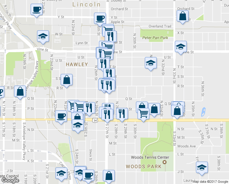 map of restaurants, bars, coffee shops, grocery stores, and more near 335 N 28th St in Lincoln